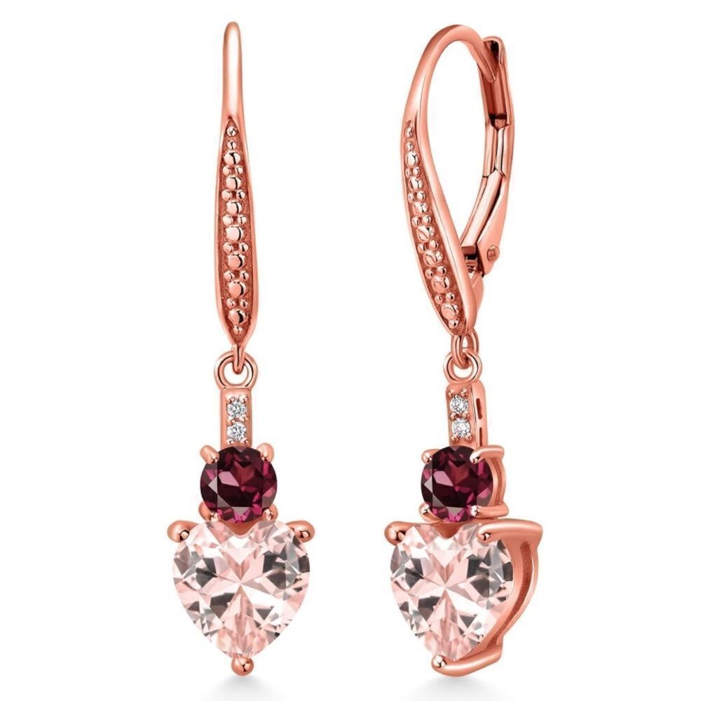 18K Rose Gold with 3.27 Cttw Peach Morganite and Rhodolite Garnet Heart Earrings